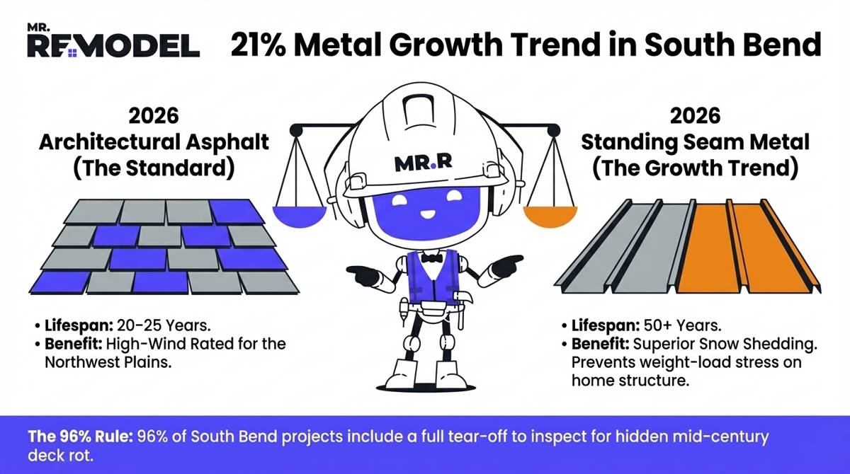A roofing ROI comparison infographic for South Bend, contrasting 25-year architectural asphalt shingles with 50-year high-durability metal roofing systems designed for heavy snow shedding.